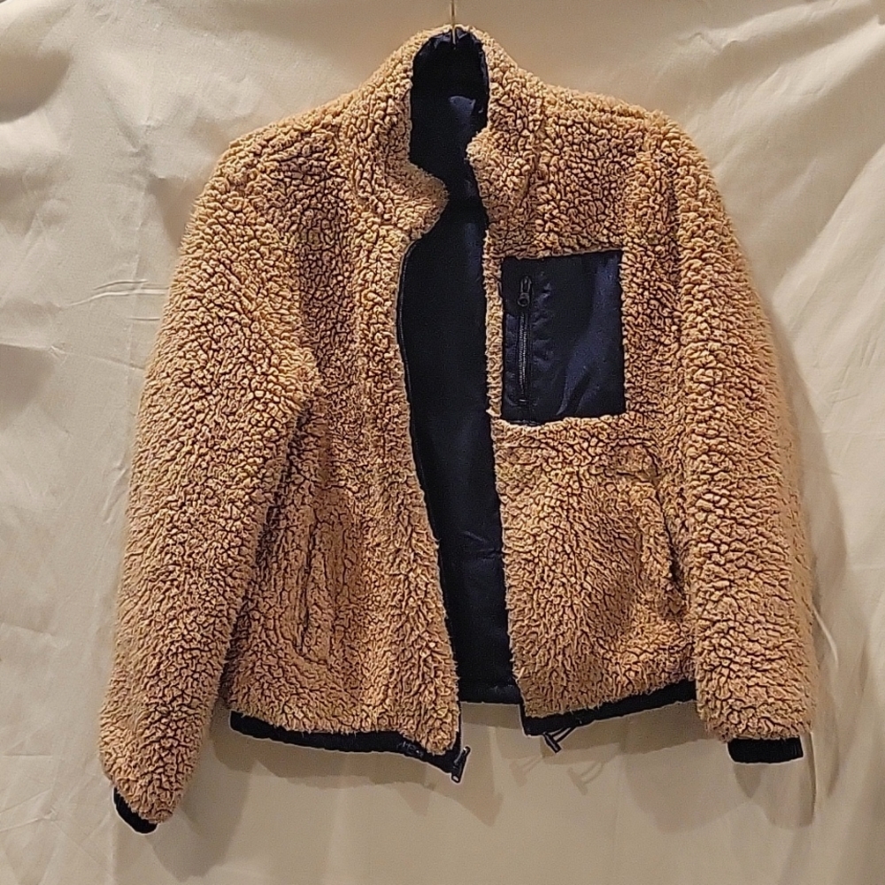 Love tree navy blue & tan sherpa lined reversible coat size medium